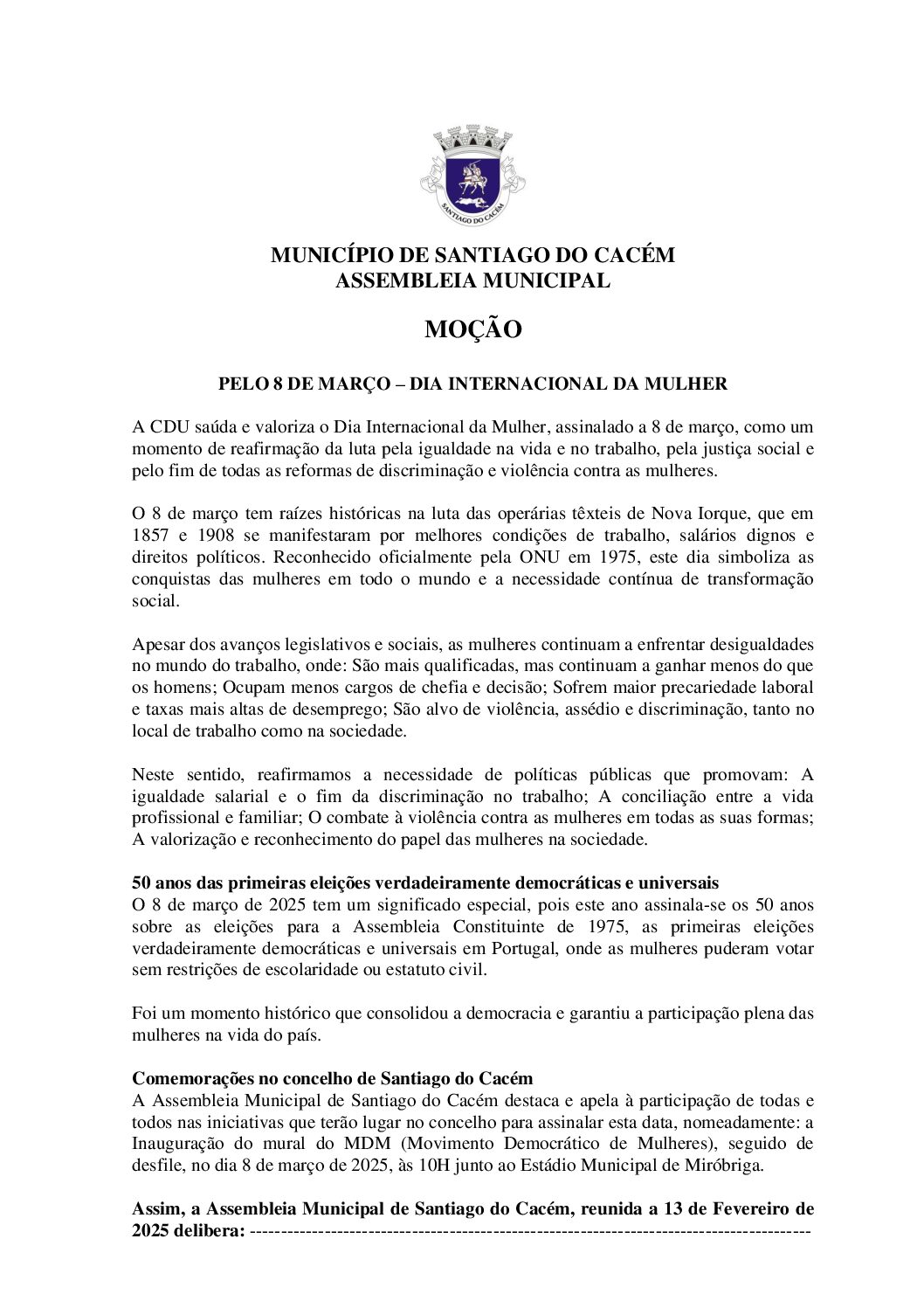 01 Moção – Pelo 8 de Março – Dia Internacional da Mulher