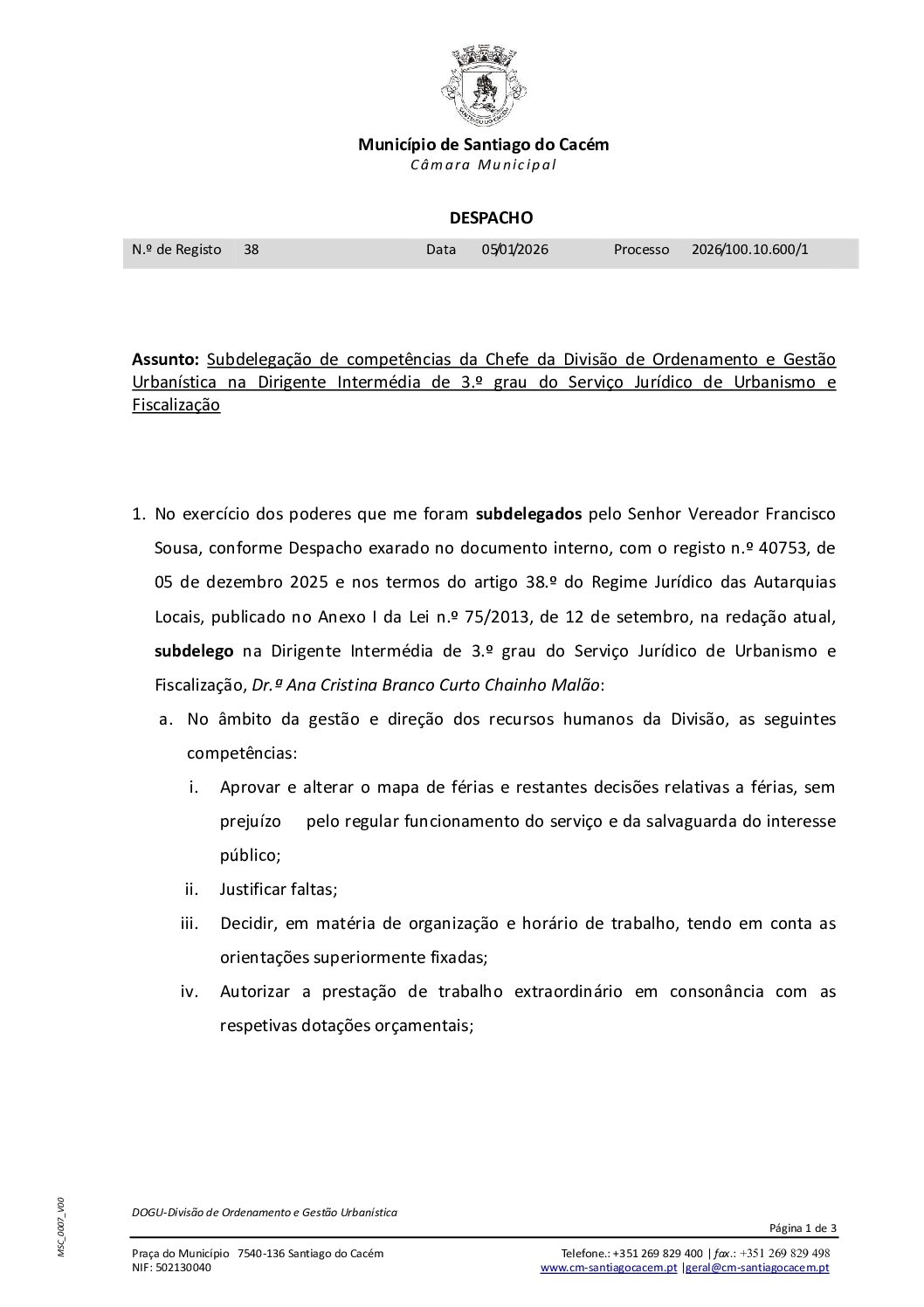 01 Subdelegação de competências da Chefe da Divisão DOGU na Chefe do SJUF