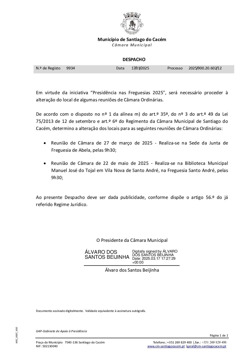 03 Despacho – Alteração dos locais de reuniões da Câmara Municipal Ordinárias