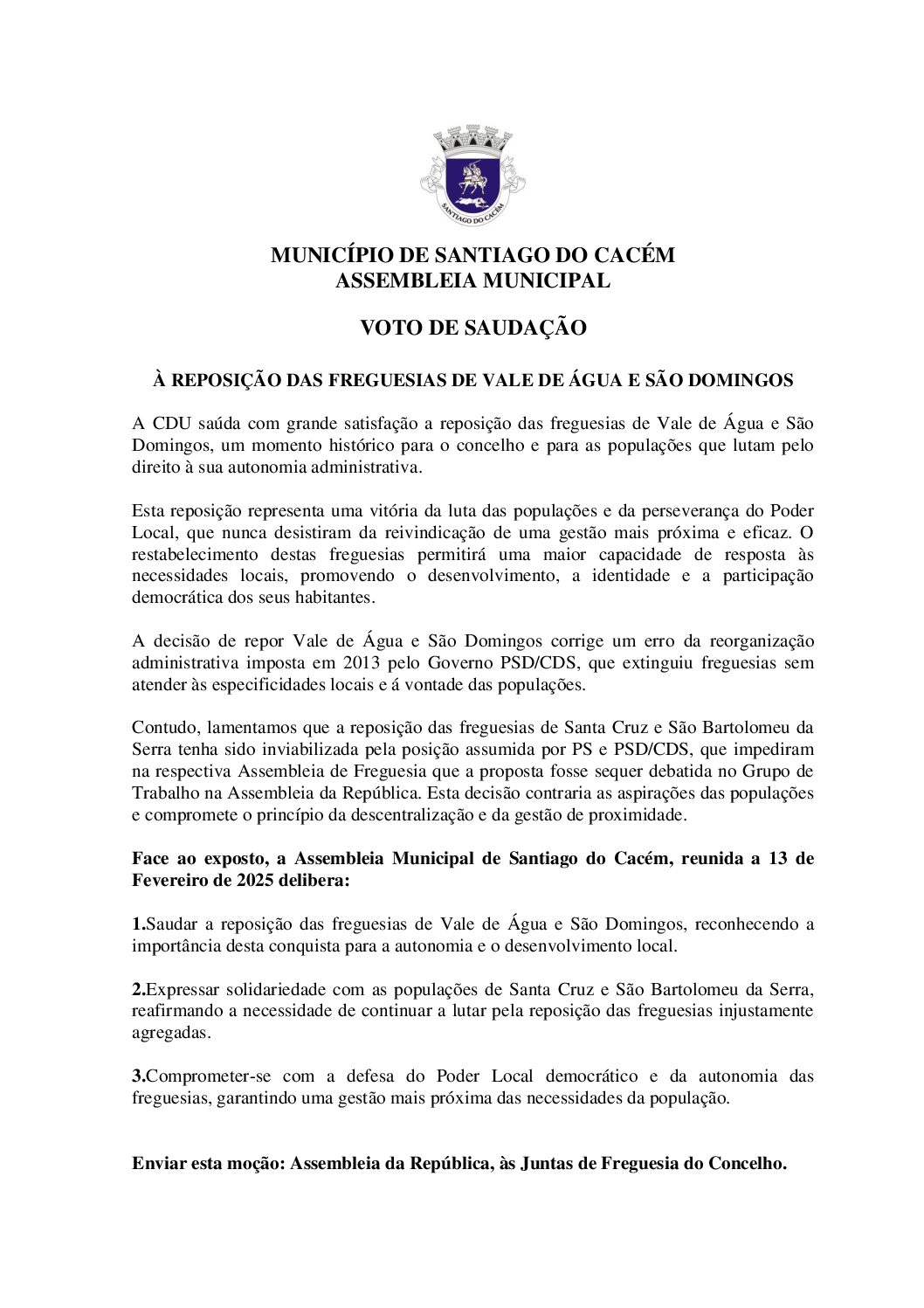 03 Voto Saudação – À Reposição das Freguesias de Vale de Água e São Domingos