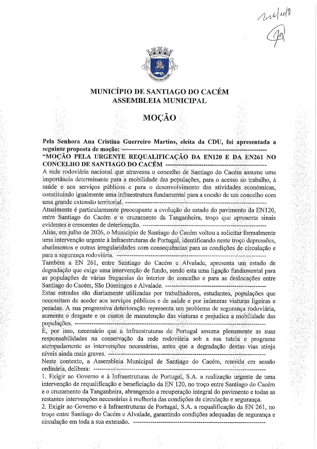 04 – Moção – Pela Urgente Requalificação da EN120 e da EN261 no cocelho de Santiago do Cacém