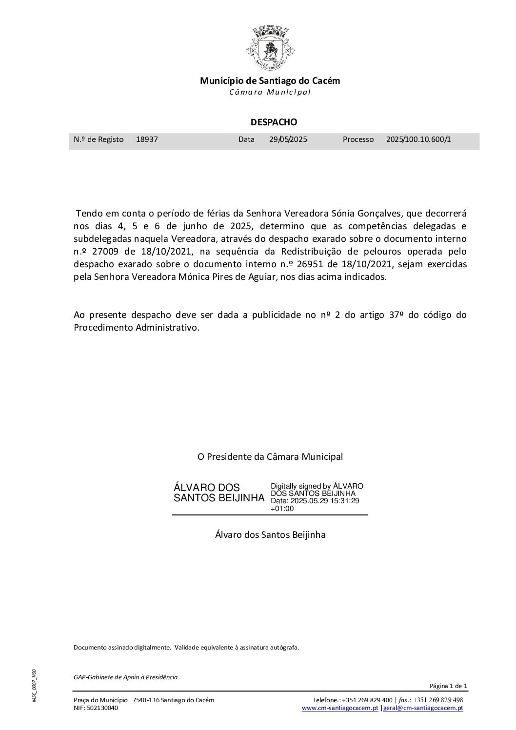 06 Despacho – Férias do Senhora Vereadora Sónia Gonçalves – Redistribuição de Pelouros de 4 a 6 de junho