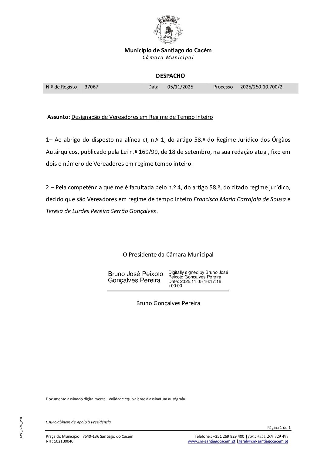 11 Despacho – Designação de Vereadores em Regime de Tempo Inteiro