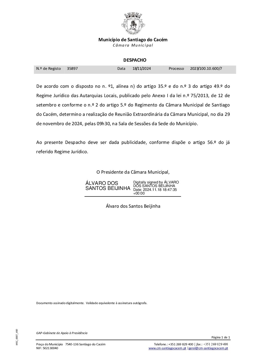 11 Despacho – Reunião Extraordinária da Câmara Municipal no dia 29 de novembro, pelas 09h30