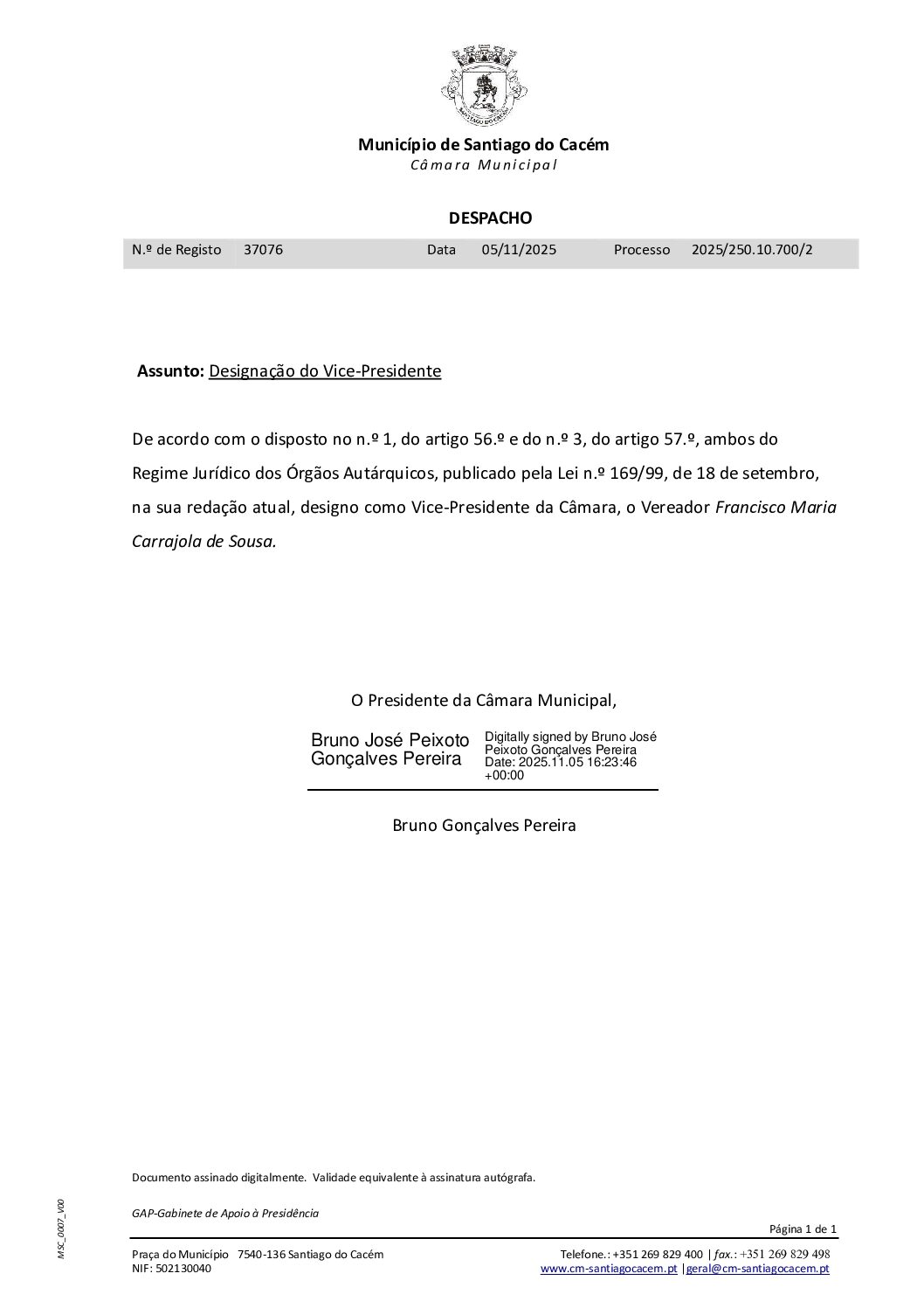 12 Despacho – Designação do Vice-Presidente da Câmara Municipal