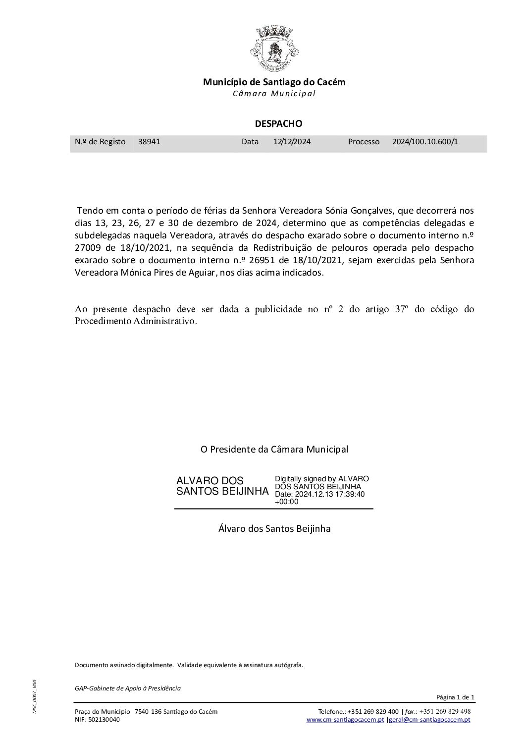 12 Despacho – Férias da Vereadora Sónia Gonçalves – Redistribuição de Pelouros