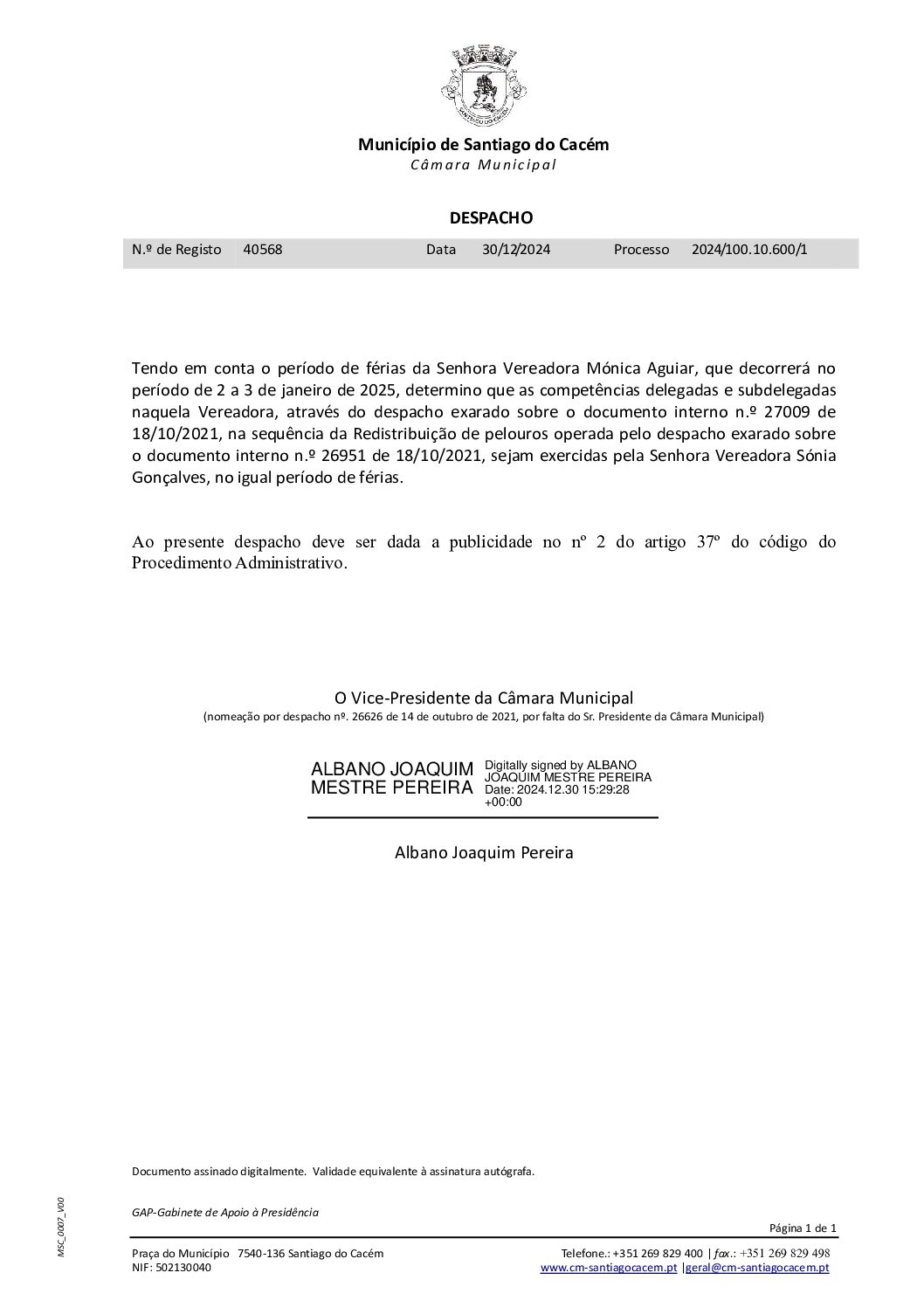13 Despacho – Férias da Sr.ª Vereadora Mónica Pires de Aguiar dias 2 e 3 de janeiro de 2025