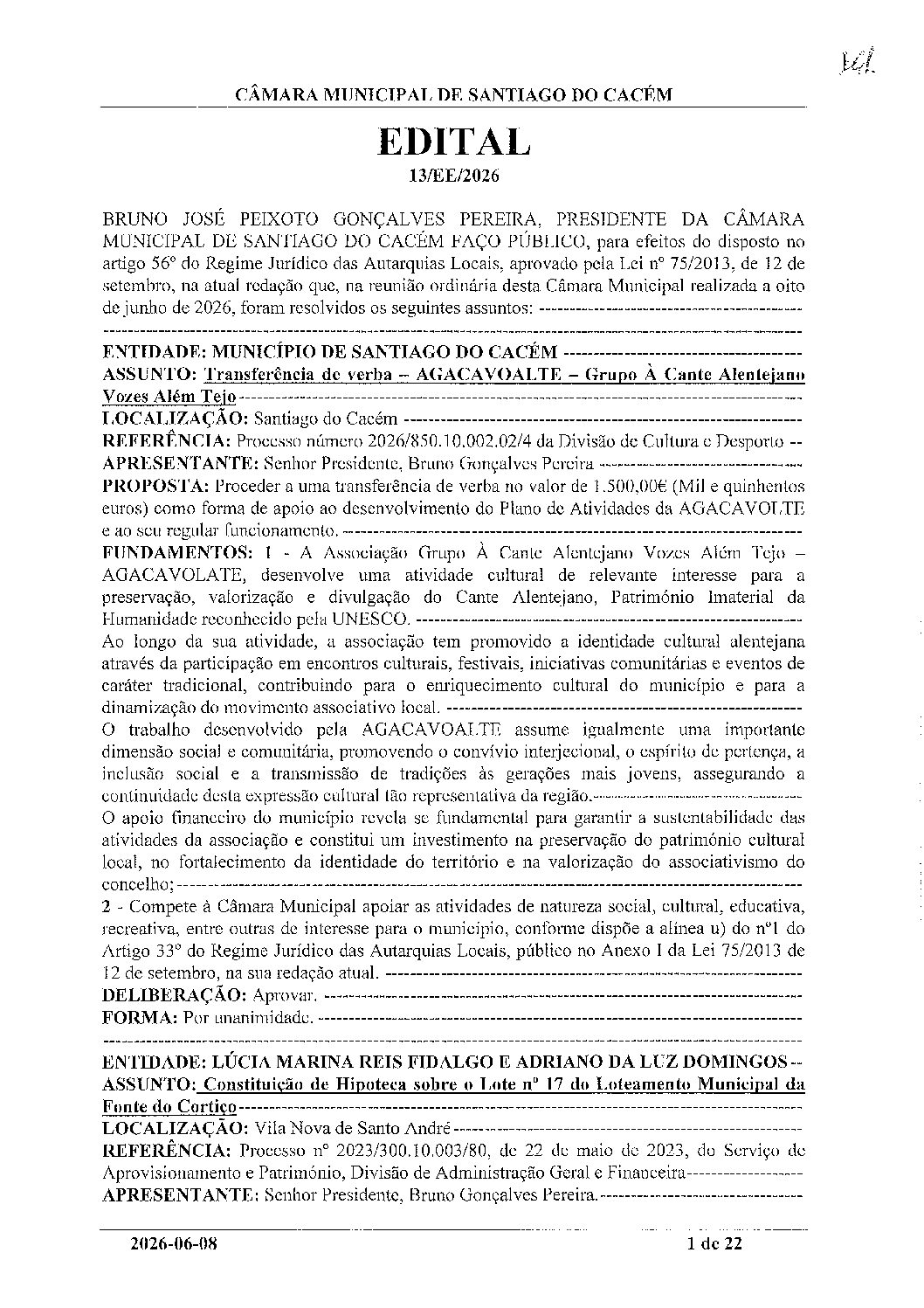 13 Edital N.º 13 CM 8 de junho de 2026