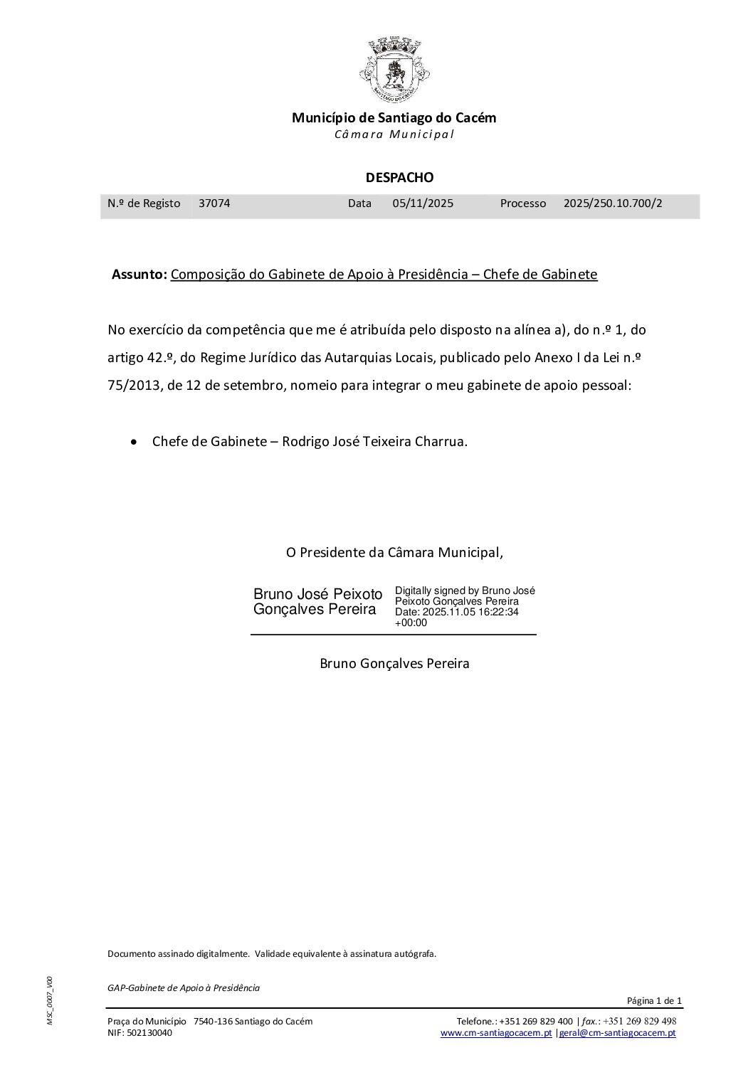 14 Despacho – Composição do Gabinete de Apoio à Presidência – Chefe de Gabinete