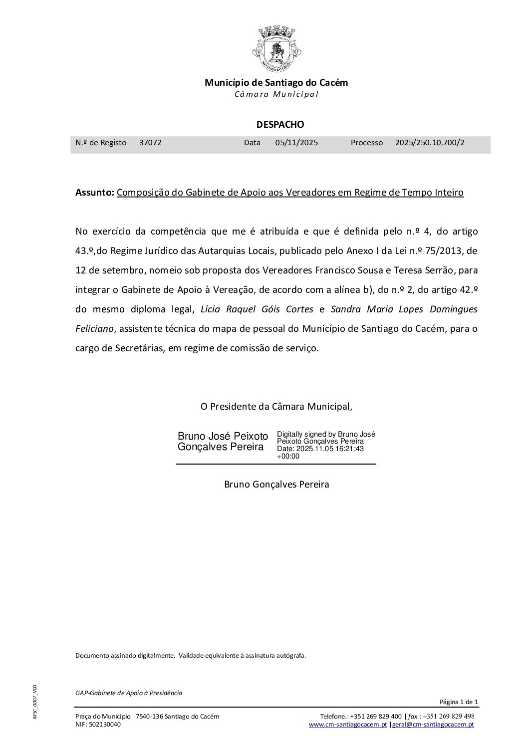 16 Despacho – Composição do Gabinete de Apoio aos Vereadores em Regime de Tempo Inteiro