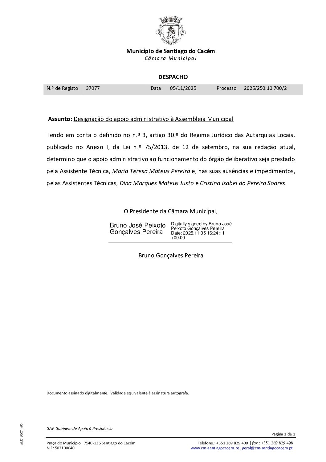 17 Despacho – Designação do apoio administrativo à Assembleia Municipal