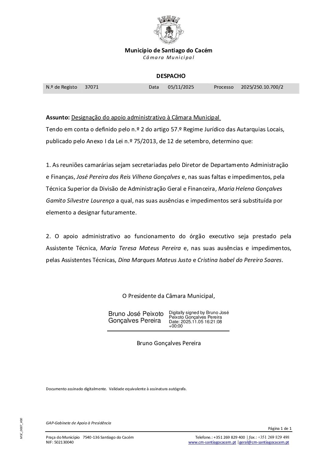 18 Despacho – Designação do apoio administrativo à Câmara Municipal