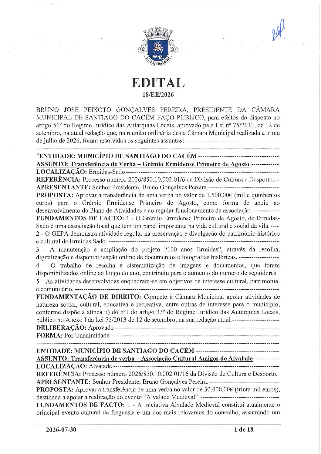 18 Edital N.º 18 CM 30 de julho de 2026_