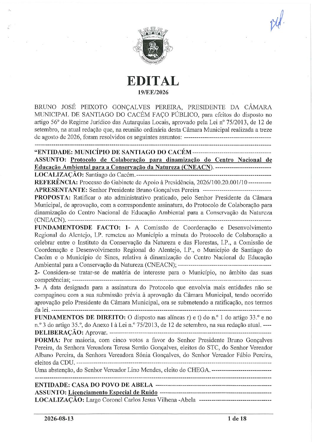 19 Edital N.º 19 CM 13 de agosto de 2026