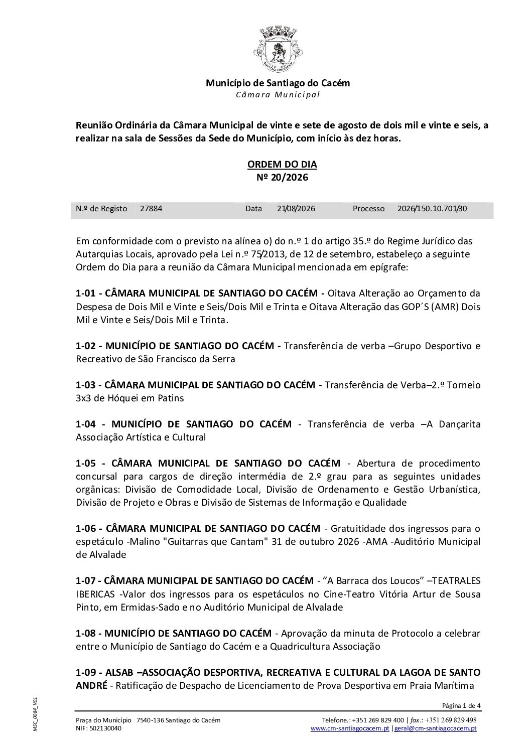 20 Agenda do dia 27 de agosto de 2026