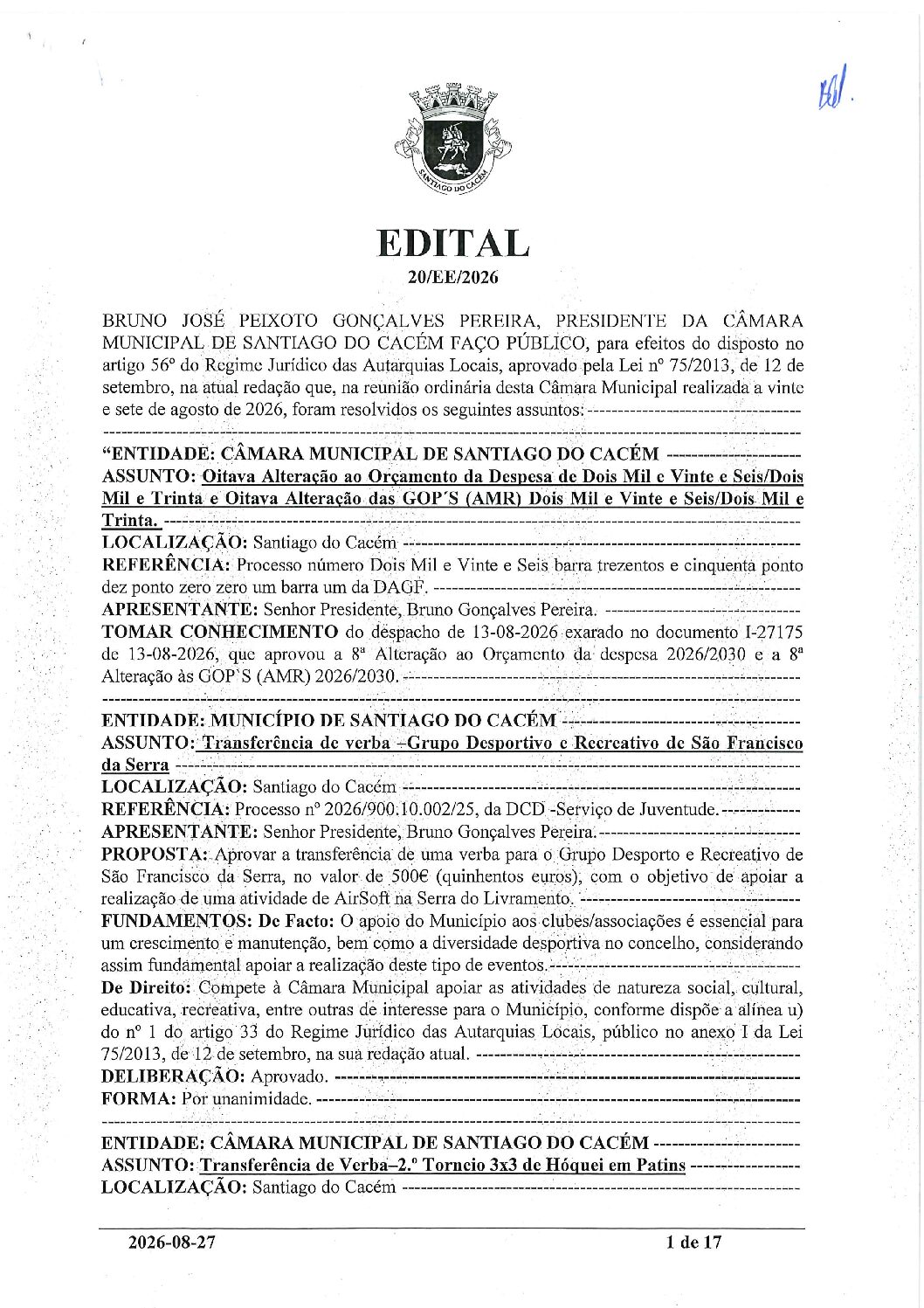 20 Edital N.º 20 CM 27 de agosto de 2026