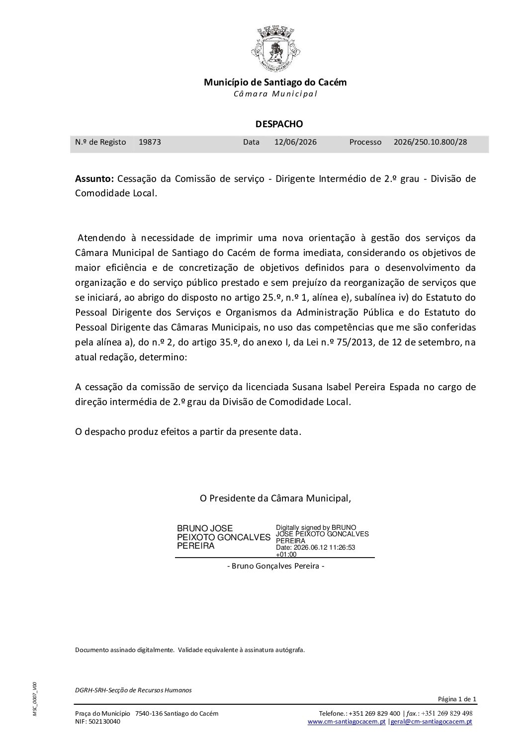 22 Cessação da Comissão de Serviço – Dirigente Intermédio de 2.º grau – Divisão de Comodidade Local