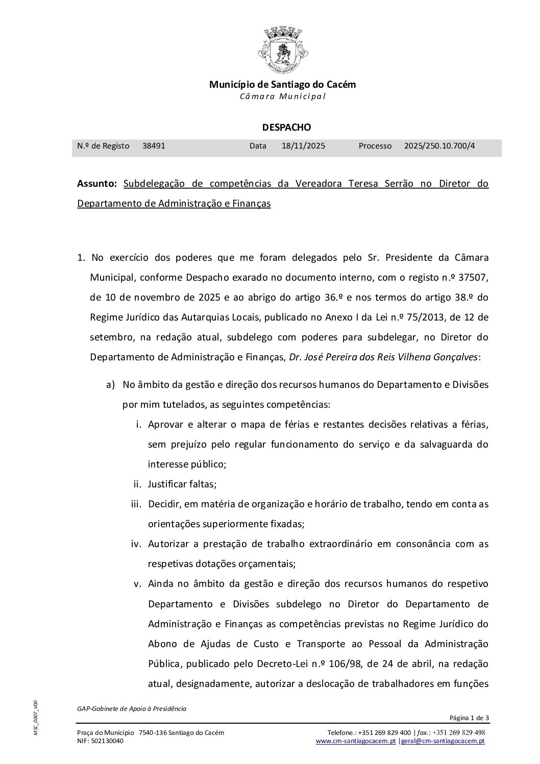 23 Despacho – Subdelegação de competências da Vereadora Teresa Serrão no Diretor do Departamento de Administração e Finanças