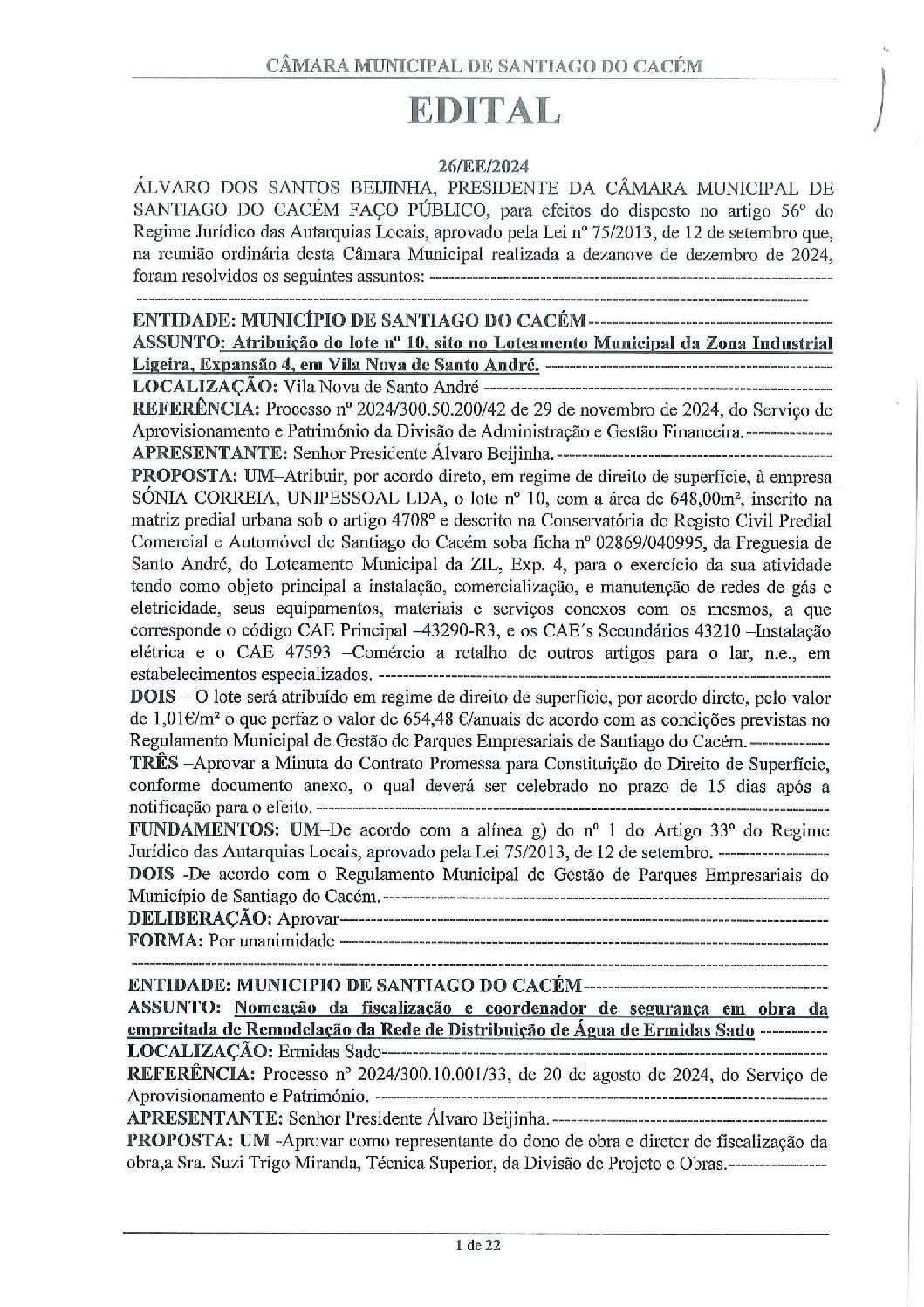 26 Edital n.º 26 CM de 19 de dezembro de 2024.