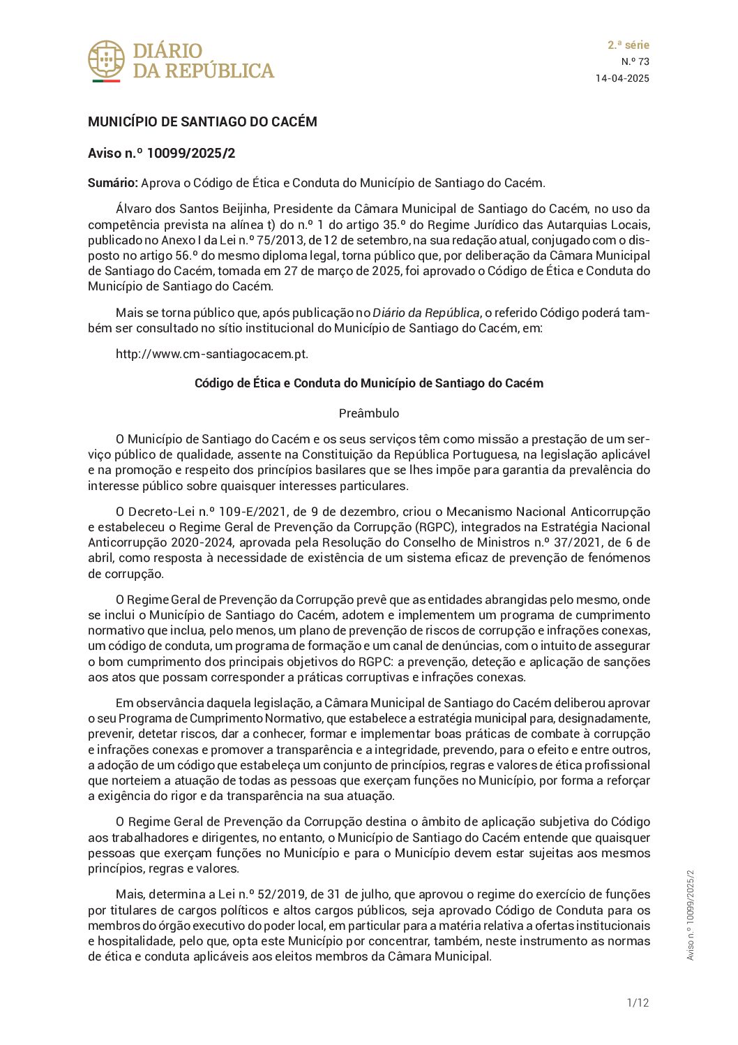 27 – Código de Ética e Conduta do Município de Santiago do Cacém