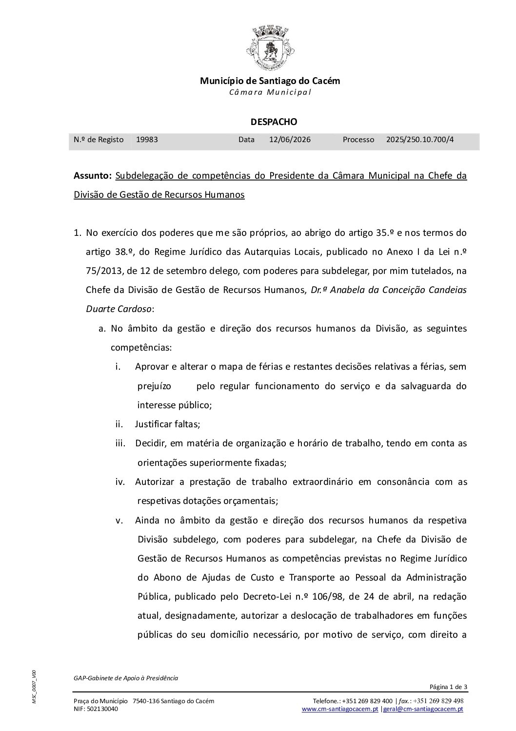 27 Subdelegação de competências do Presidente da Câmara Municipal na Chefe da Divisão de Gestão de Recursos Humanos