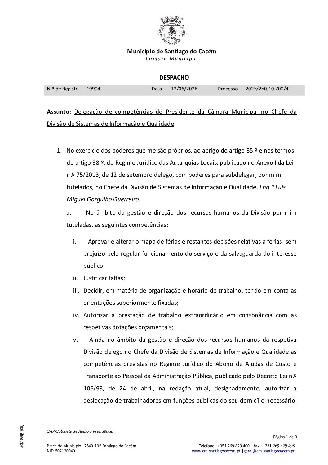 28 Delegação de competências do Presidente da Câmara Municipal no Chefe da Divisão de Sistemas de Informação e Qualidade