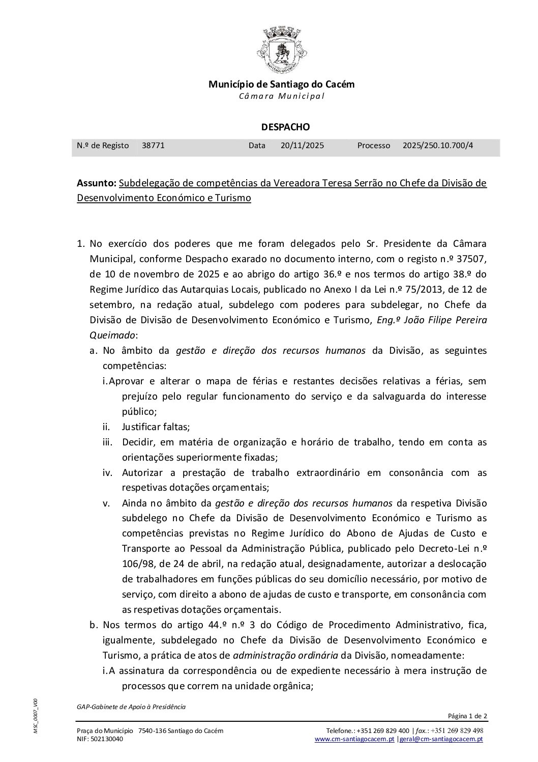 28 Despacho – Subdelegação de competências da Vereadora Teresa Serrão no Chefe da Divisão de Desenvolvimento Económico e Turismo