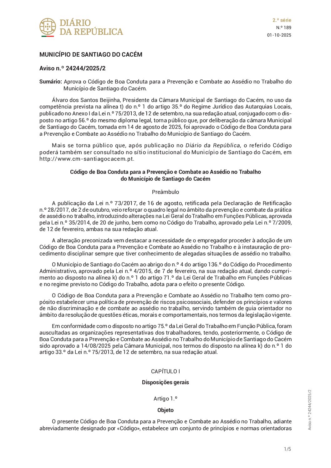 29 – Código de Boa conduta para a Prevenção e Combate ao Assédio no Trabalho do Município de Santiago do Cacém