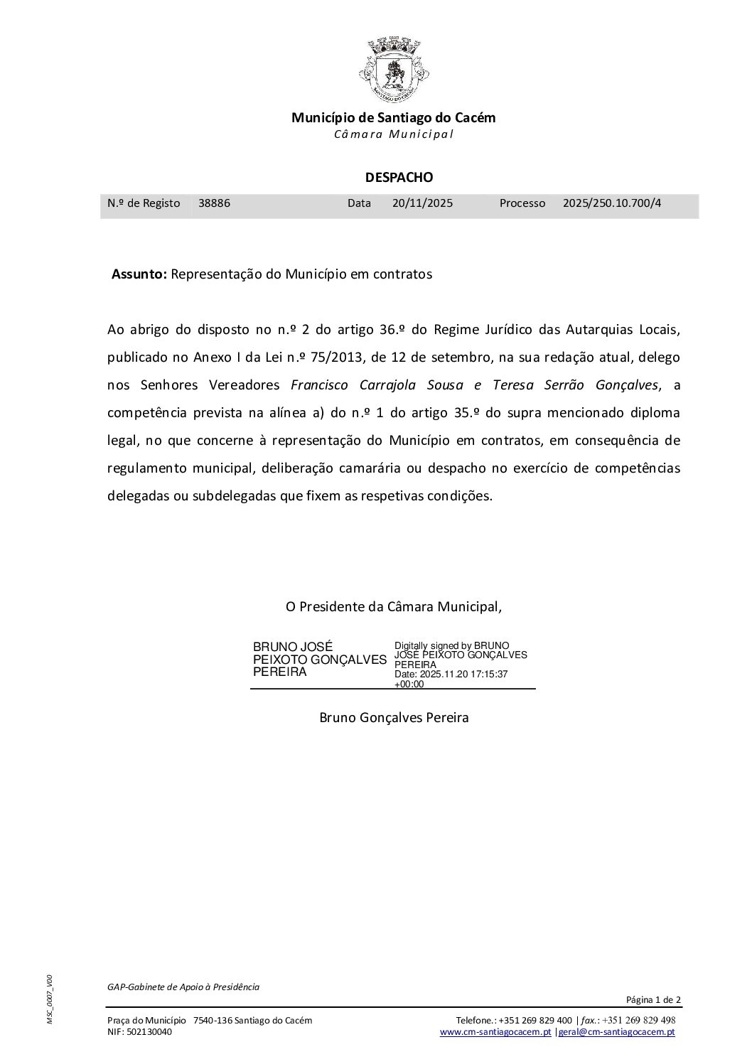 29 Despacho – Representação do Município em contratos