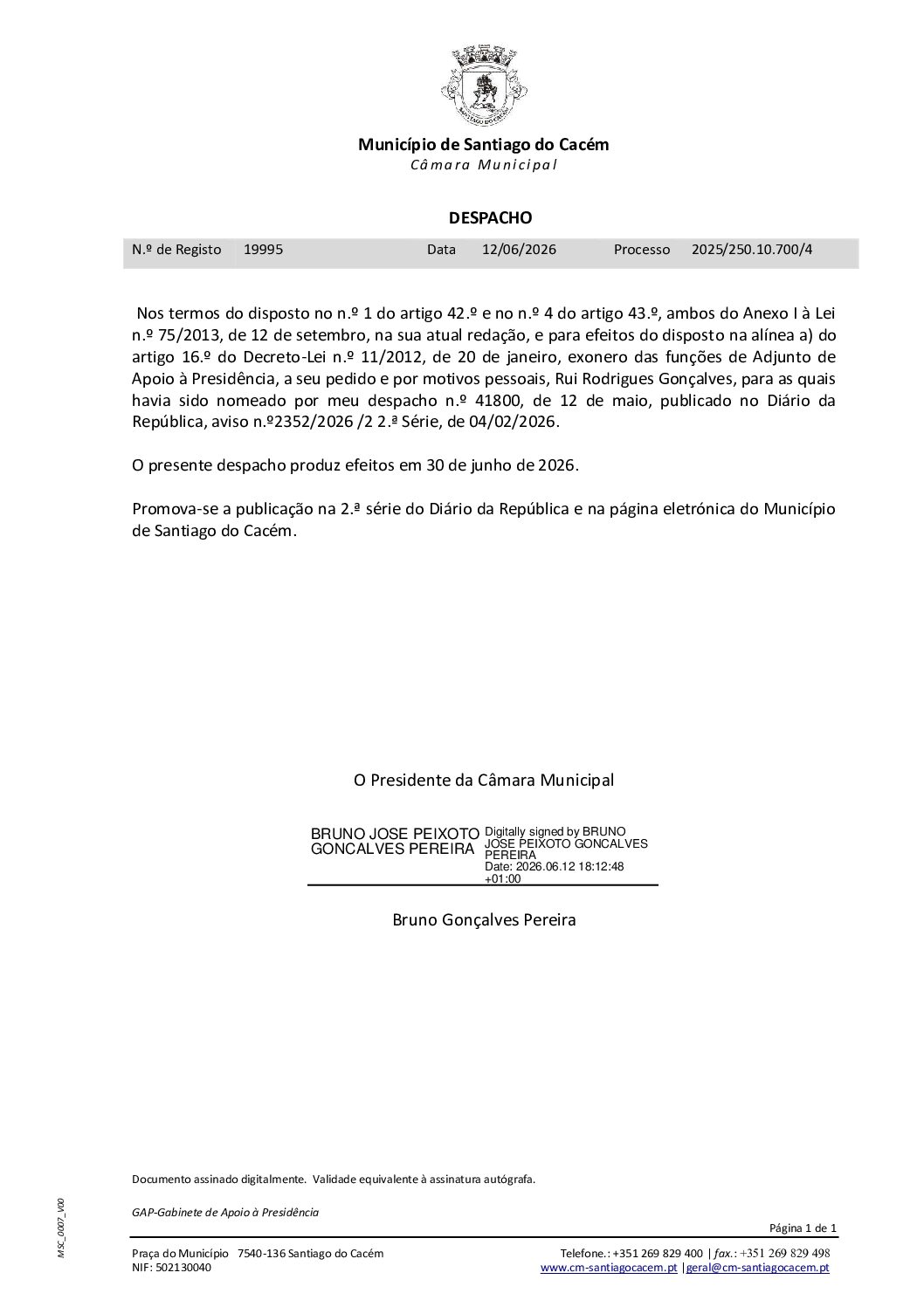 29 Despacho de Exoneração do Adjunto de Apoio à Presidência