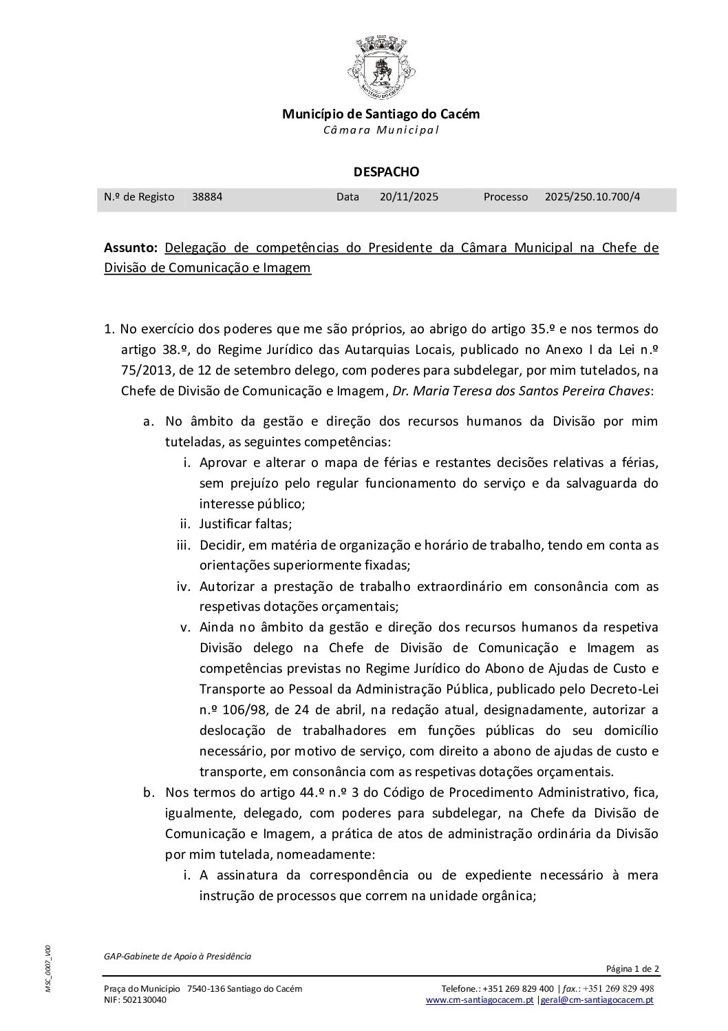 35 Despacho – Delegação de competências do Presidente da Câmara Municipal na Chefe de Divisão de Comunicação e Imagem