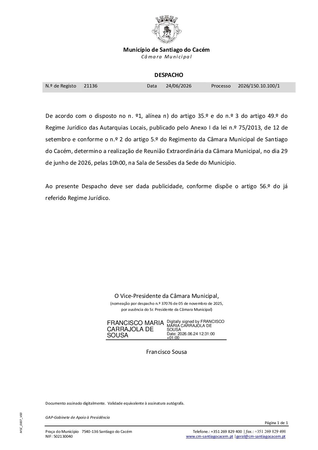 41 Reunião Extraordinária da Câmara Municipal, no dia 29 de junho