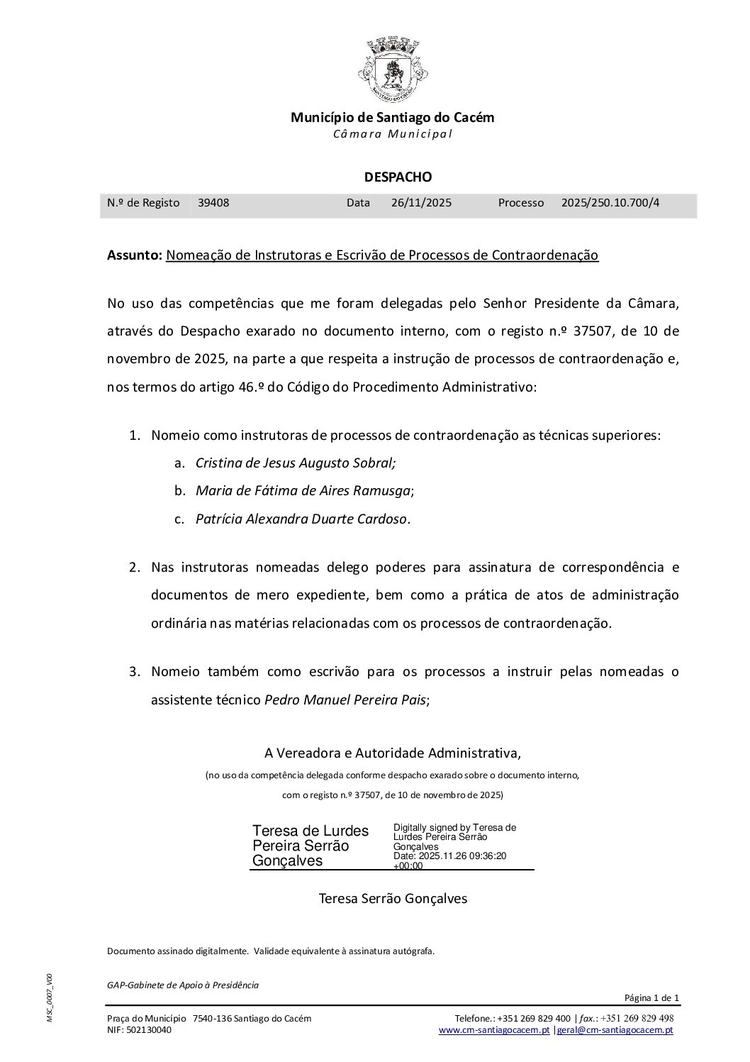 42 Despacho – Nomeação de Instrutoras e Escrivão de Processos de Contraordenação