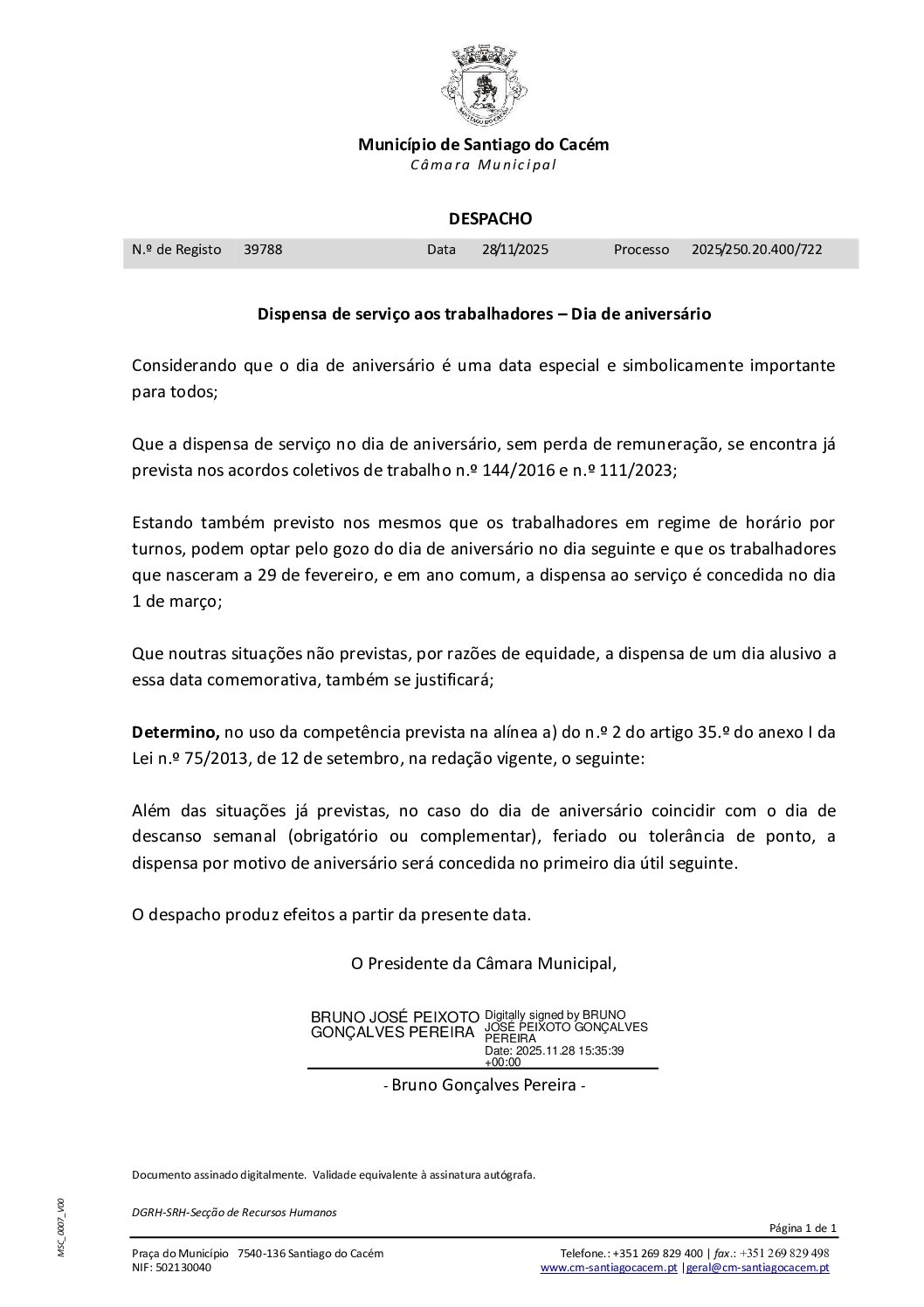43 Despacho – Dispensa de serviço aos trabalhadores – Dia de aniversário