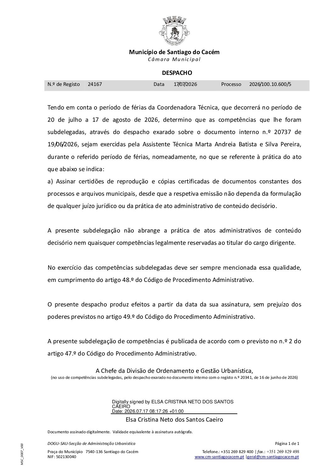 44 Subdelegação competências da Coordenadora SAU durante periodo de Férias