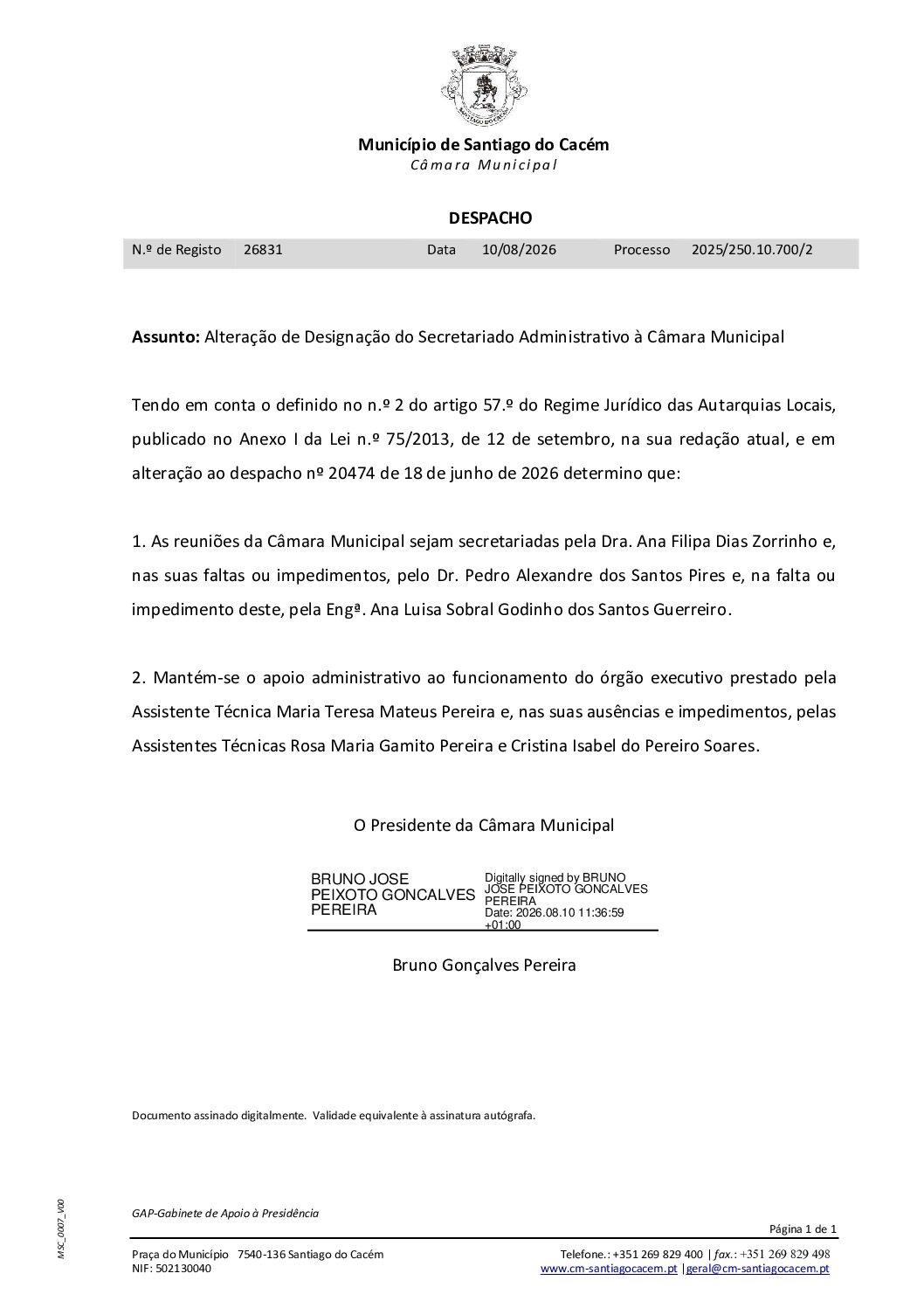 45 Alteração de Designação do Secretariado Administrativo à Câmara Municipal