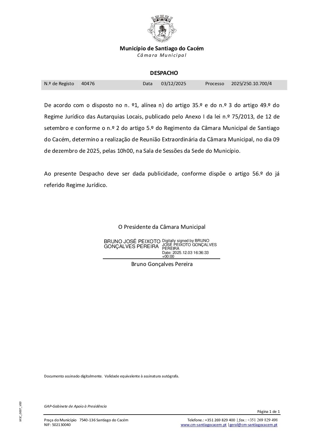 46 Despacho – Reunião de Câmara Extraordinária de 09 de dezembro 2025, 10h00, na Sala de Sessões da Sede do Município