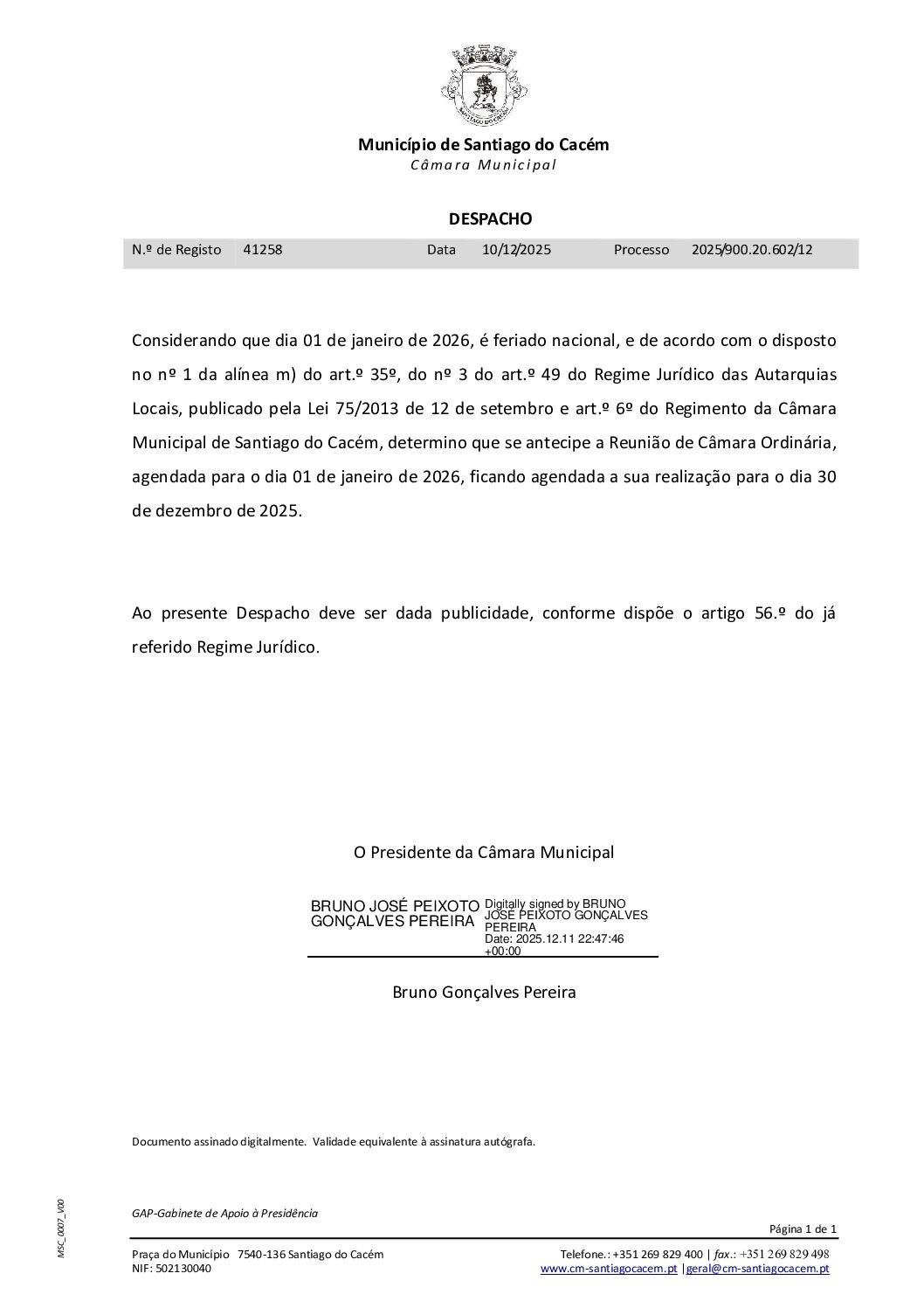 49 Despacho – Alteração de Data de Reunião de Câmara do dia 1 de janeiro de 2026 para dia 30 de dezembro 2025