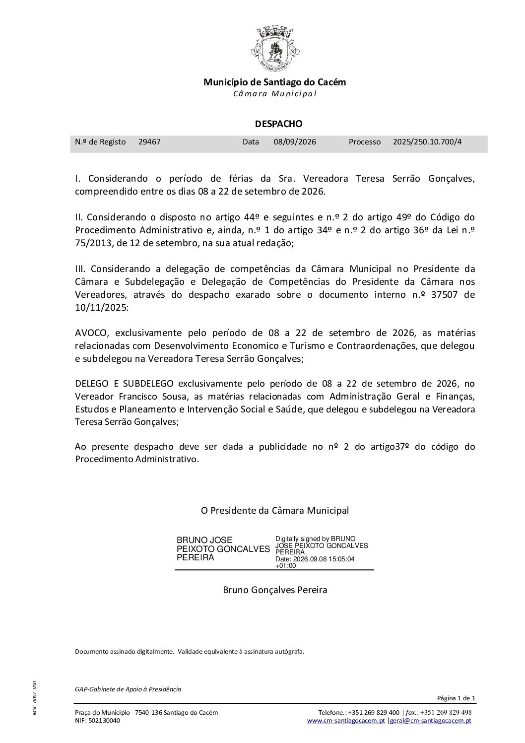 49 Despacho – Férias da Senhora Vereadora Teresa Serrão Gonçalves -Redistribuição de Pelouros de 8 a 22 de setembro de 2026