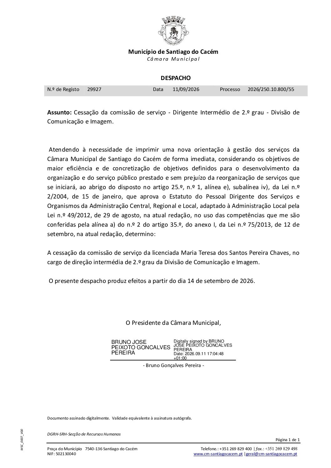 50 Cessação da comissão de serviço – Dirigente intermédio de 2.º grau – Divisão de Comunicação e Imagem