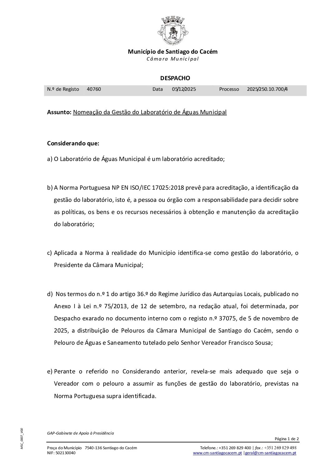 50 Despacho Nomeação da Gestão do Laboratório de Águas Municipal