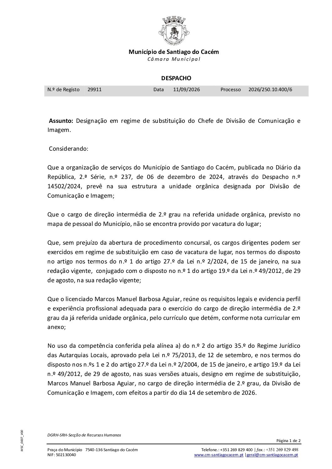 51 Designação em regime de substituição do chefe de Divisão de Comunicação e Imagem