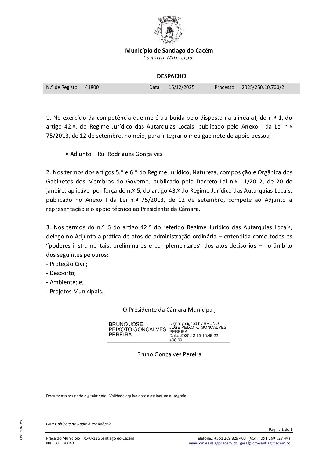 51 Despacho – Composição do Gabinete de Apoio à Presidência e Delegação de Competências – Adjunto