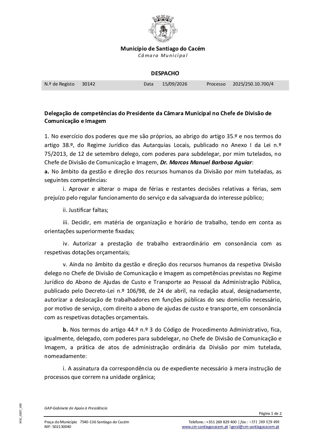 52 Delegação de competências do Presidente da Câmara Municipal no Chefe de Divisão de Comunicação e Imagem