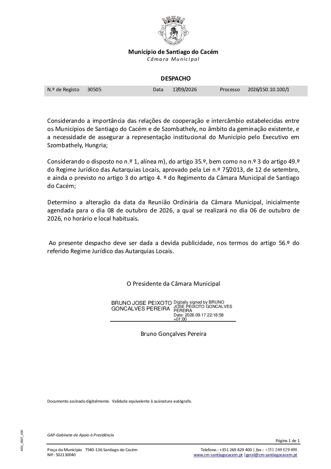 53 Alteração de data de reunião de Câmara de 8 de outubro para 6 de outubro