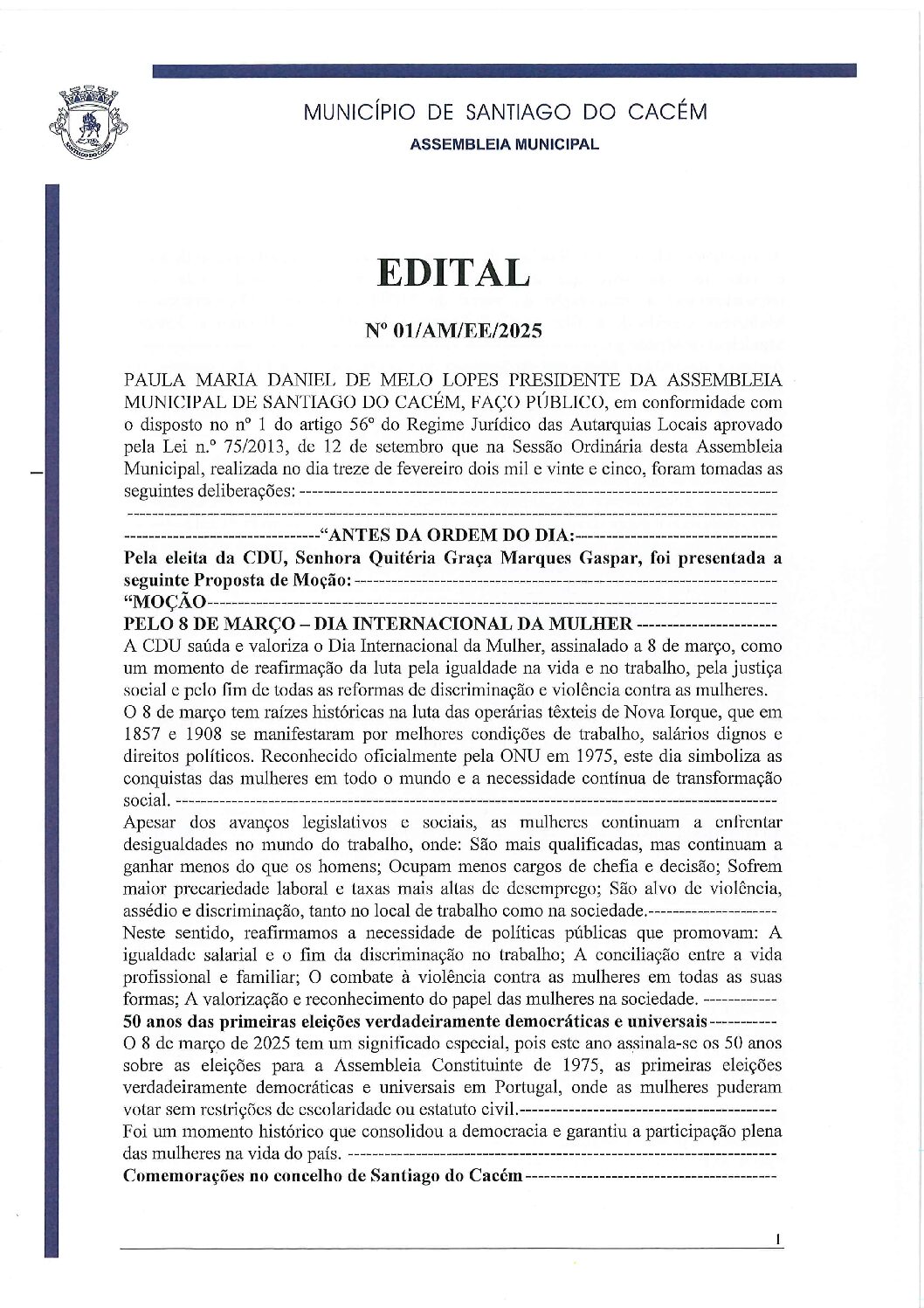 Edital nº 1 da sessão do dia 13 de fevereiro de 2025