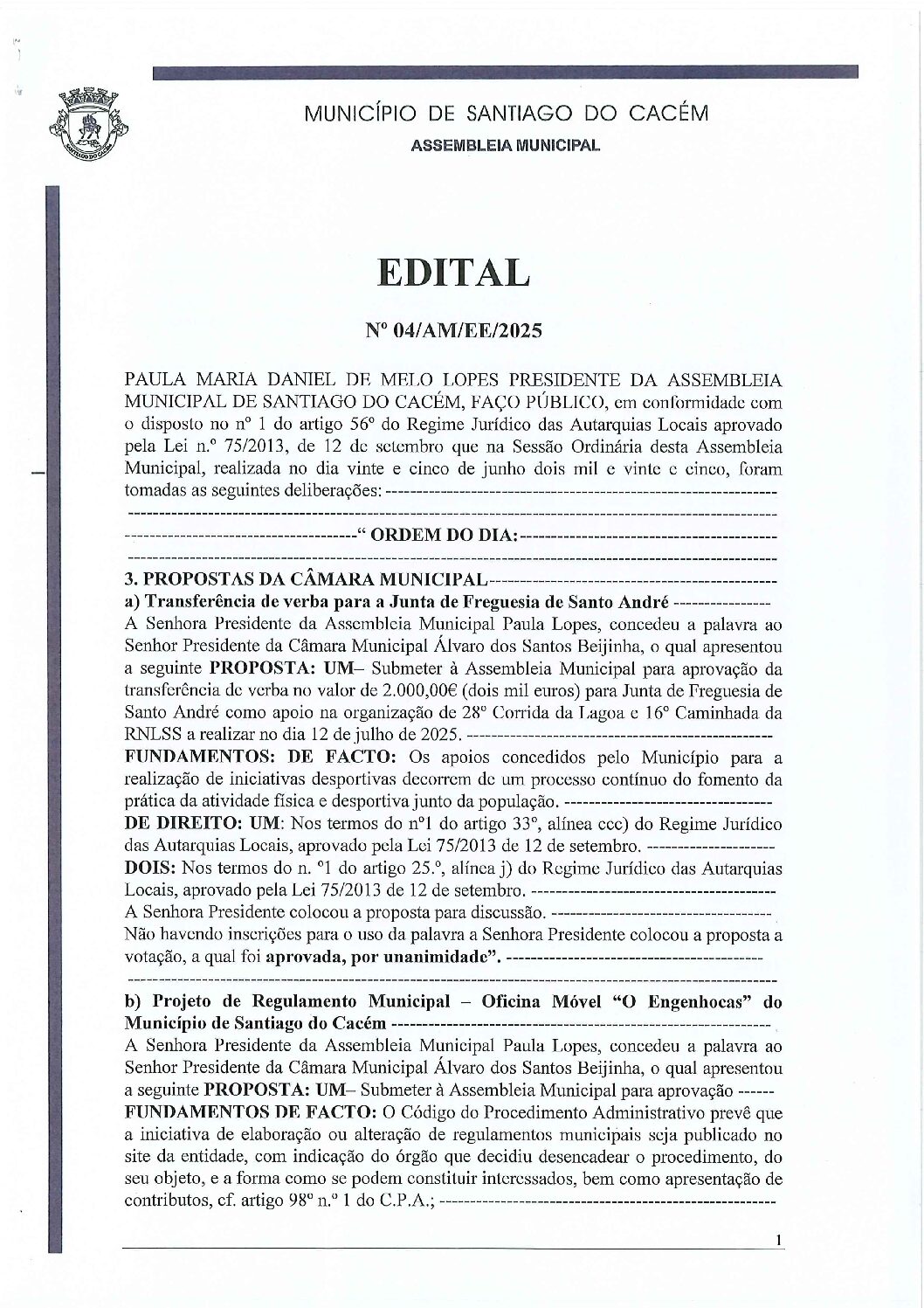 Edital nº 4 da sessão do dia 25 de junho de 2025