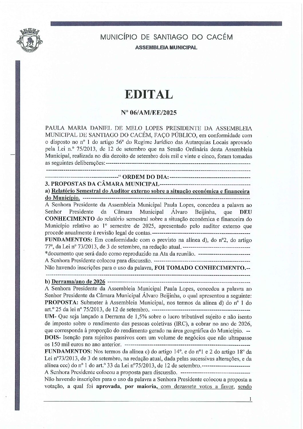 Edital nº 6 da sessão do dia 18 de setembro de 2025