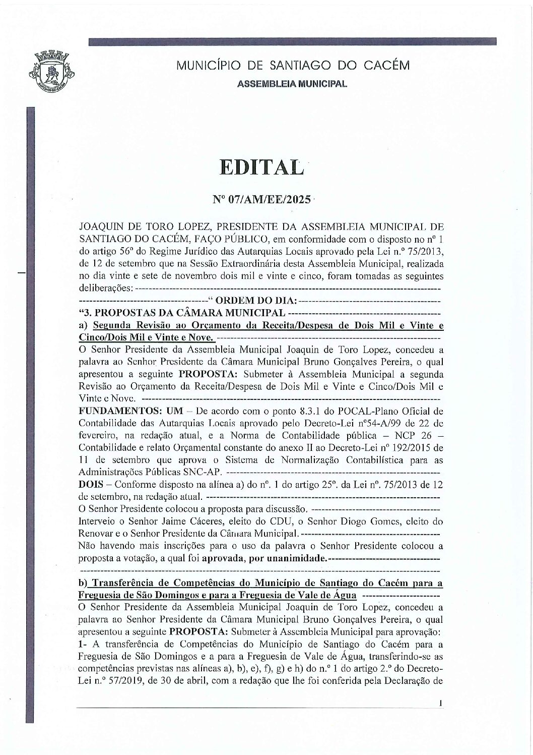 Edital nº 7 da sessão do dia 27 de novembro de 2025