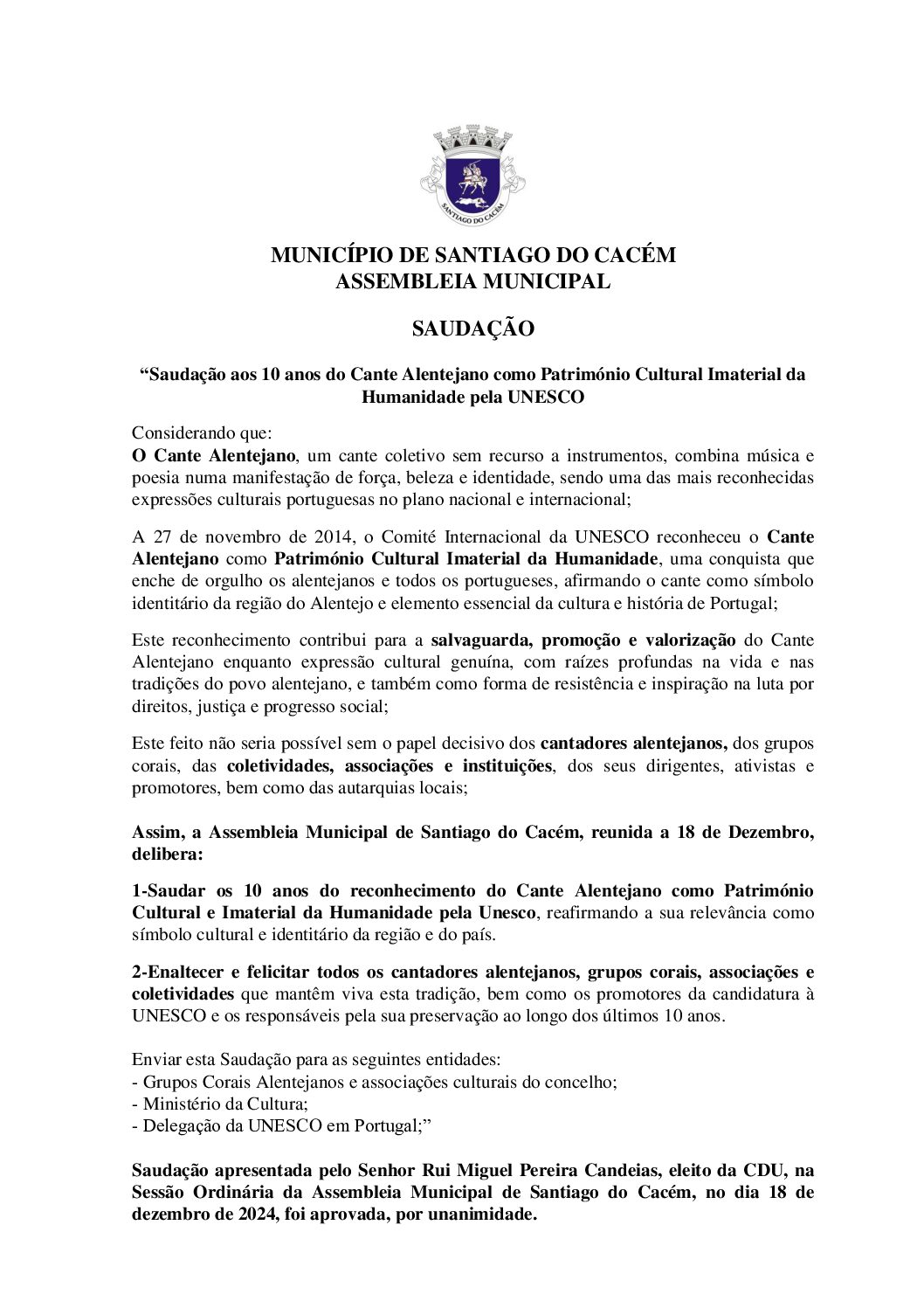 Saudação aos 10 anos do Cante Alentejano como Património Cultural Imaterial da UNESCO